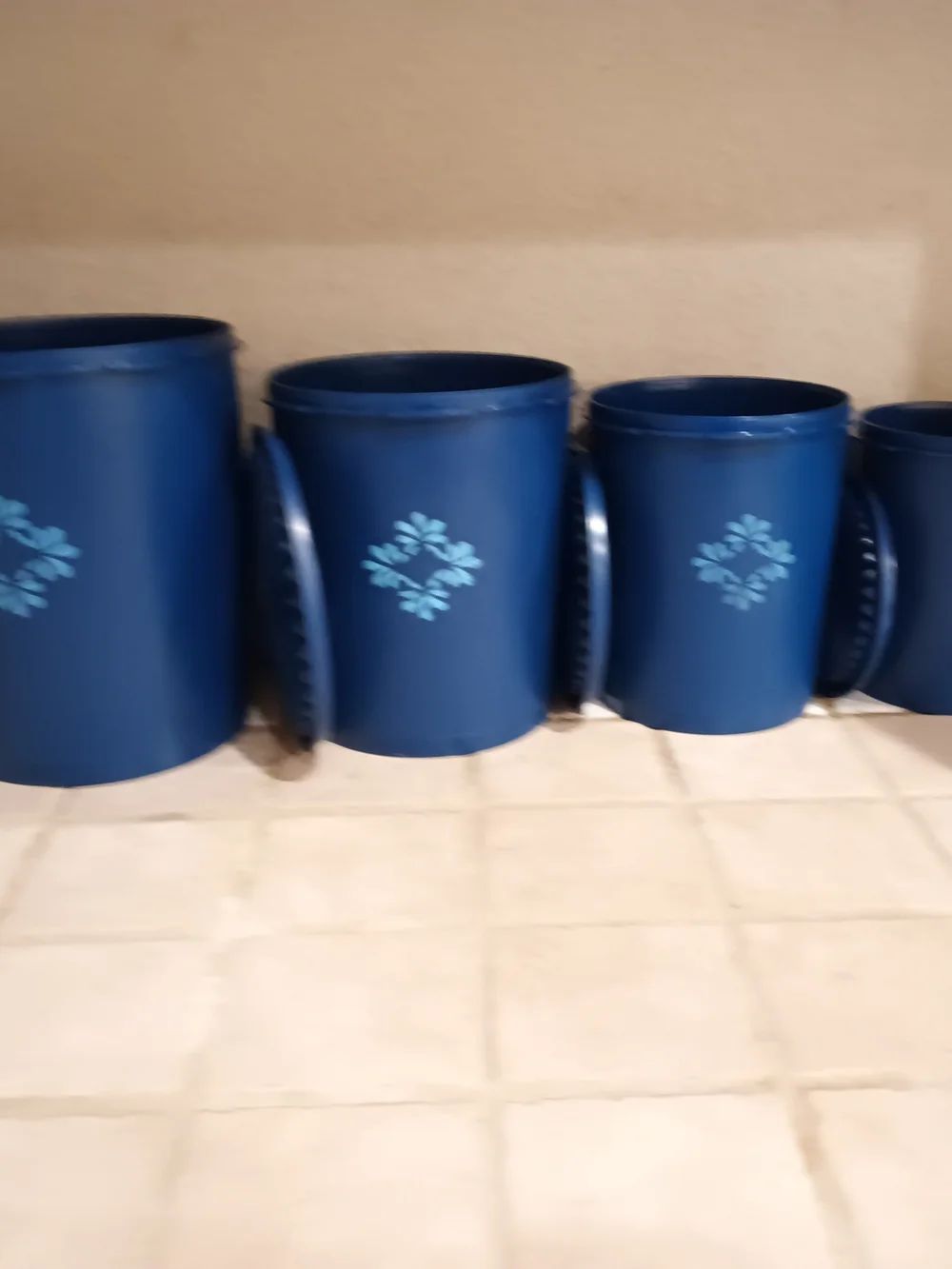 Vintage Tupperware Blue PlasticRetro Floral Canisters 4 Piece Set w/Lids.